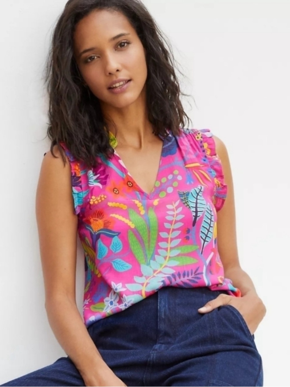 Anthropologie Blank London Tropical Averio Ruffle Sleeveless VNeck Blouse Top